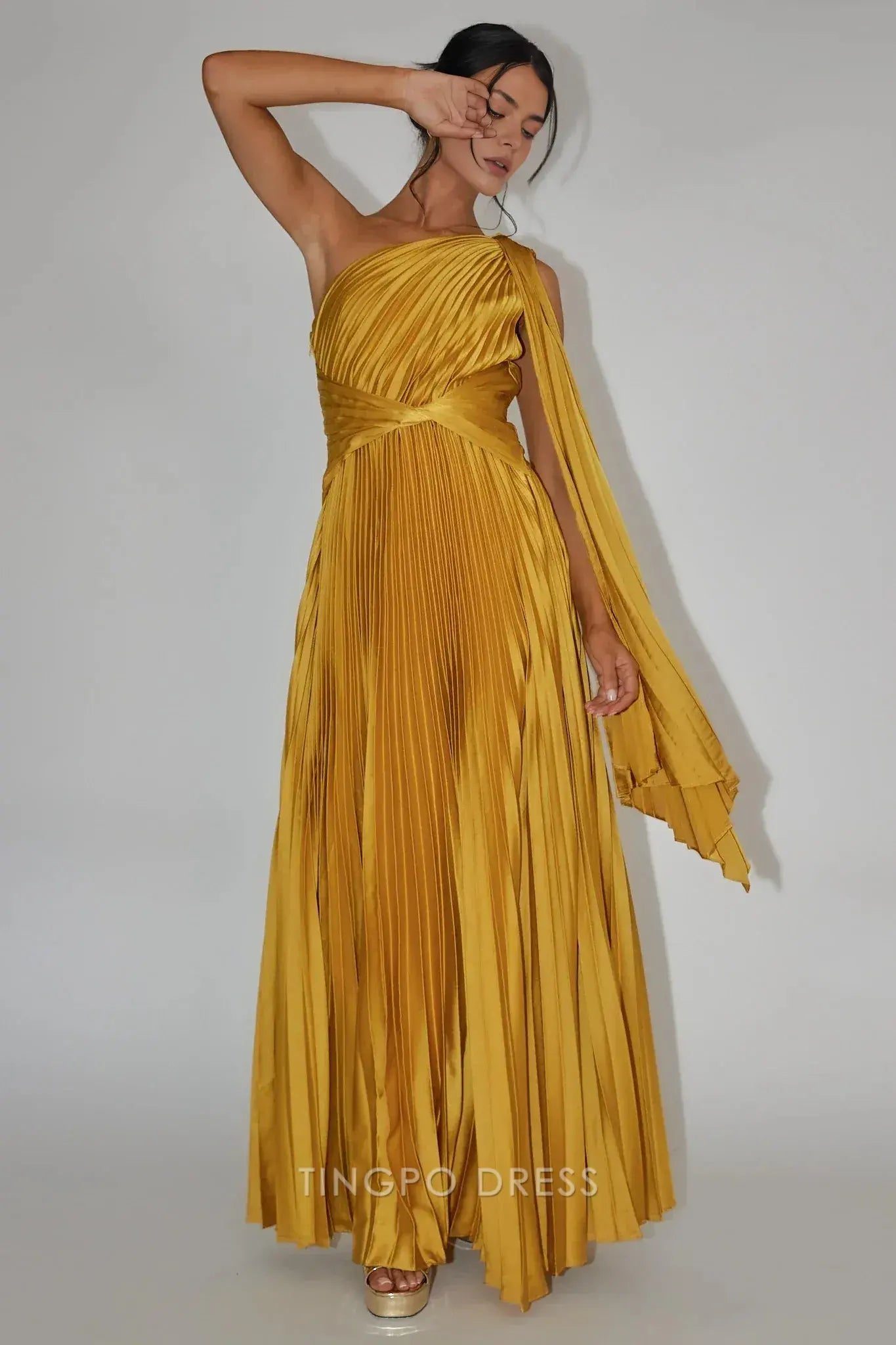 Elegant One-Shoulder Pleated Draped Satin A-Line Ankle-Length Maxi Dress Prom Dress